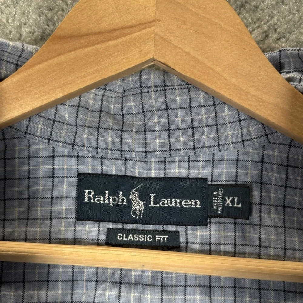 Vintage Polo Ralph Lauren Shirt Mens XL Light Blue Plaid Long Sleeve Logo 90s